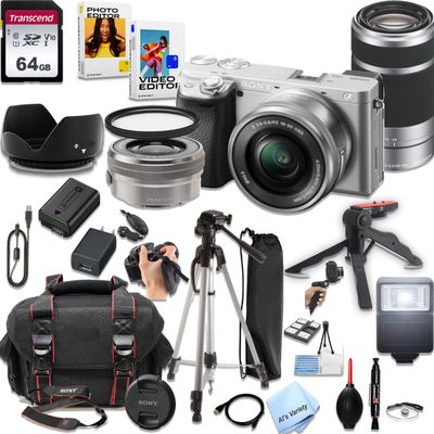 Sony a6400 (Silver) Mirrorless Camera with16-50mm & 55-210mm Zoom Lenses + 64GB Memory, Filters,Case, Tripod, Flash, and More (28pc Bundle) (Renewed)