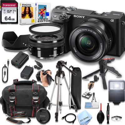 Sony a6400 Mirrorless Camera with 16-50mm Lens + 64GB Memory, Filters,Case, Tripod, Flash, and More (28pc Bundle) (Renewed), Black