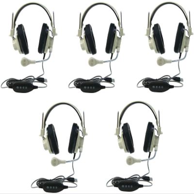 DirectNine Basics 3066-USB CT Pack of 5 Deluxe Over-Ear Stereo Headset, Beige; Gooseneck Microphone; USB Plug; 6-foot Long 2-layered Cut-and-chew-resistant Cord; Adjustable Headband; Noise-reducing Ear-cups