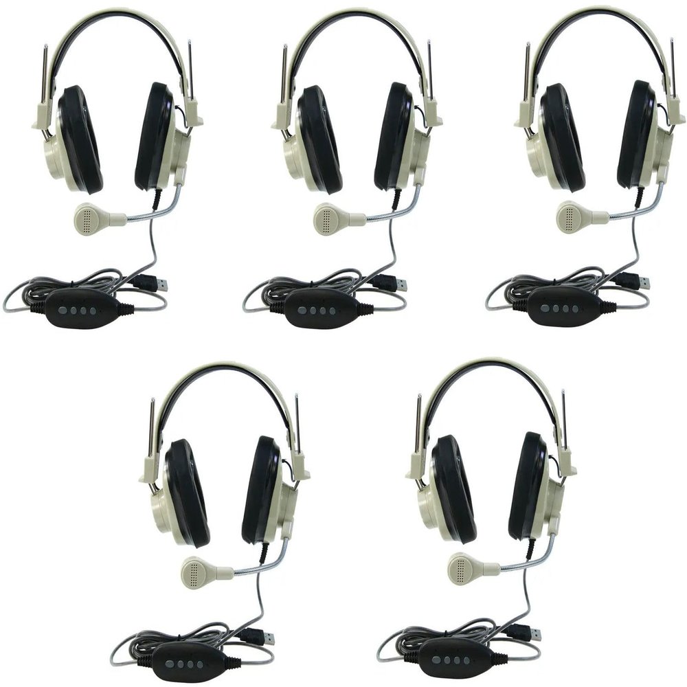 DirectNine Basics 3066-USB CT Pack of 5 Deluxe Over-Ear Stereo Headset, Beige; Gooseneck Microphone; USB Plug; 6-foot Long 2-layered Cut-and-chew-resistant Cord; Adjustable Headband; Noise-reducing Ear-cups