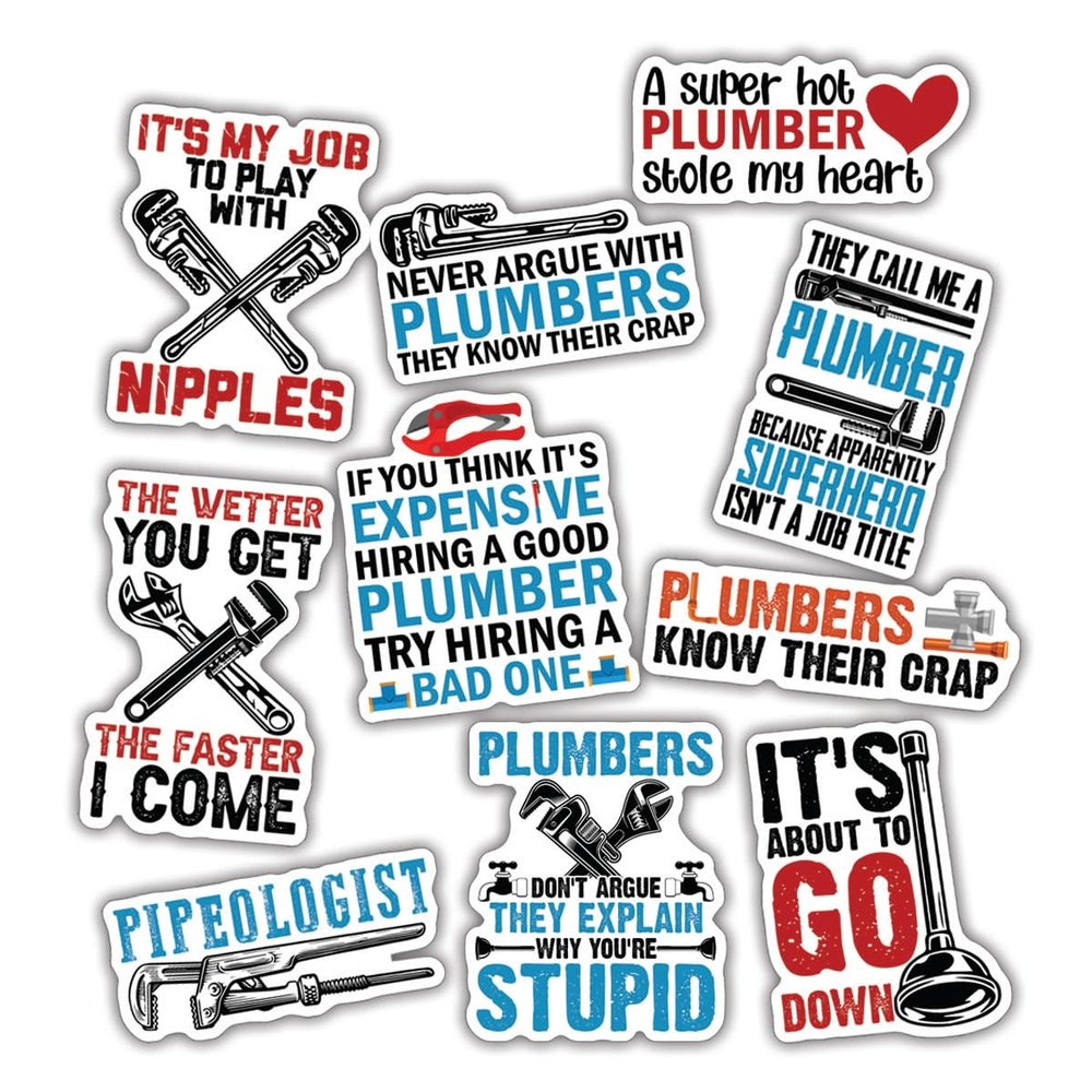 10pcs Plumber Sticker Sheet, Funny and Cute Vinyl Decals for Plumbers, Tradesmen, and Tool Lovers, Waterproof, UV-Resistant, for Laptop, Water Bottle, Toolbox, Journal, Notebook, Phone Case