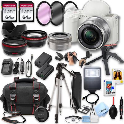 Sony ZV-E10 (White) Mirrorless Camera with 16-50mm Lens + 128GB Memory, Spare Battery, Filters,Case, Tripod, Flash, and More (39pc Bundle) (Renewed)