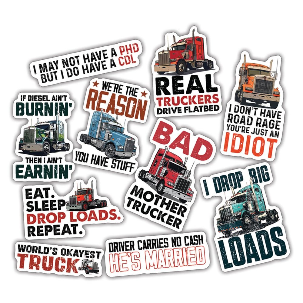 10pcs Truck Driver Sticker Sheet, Funny Vinyl Decals for Long Haul Drivers, Semi Truck Fans, and Road Lover, Waterproof, UV-Resistant, for Laptop, Water Bottle, Journal, Notebook, Phone Case