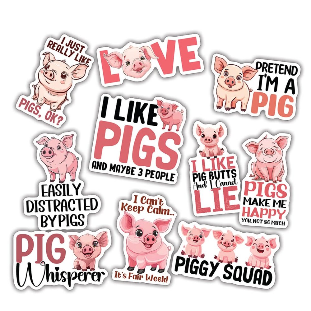 10pcs Pig Lover Sticker Sheet, Cute and Funny Vinyl Decals for Animal Lovers, Pig Fans, Waterproof, UV-Resistant, for Laptop, Water Bottle, Journal, Notebook, Phone Case