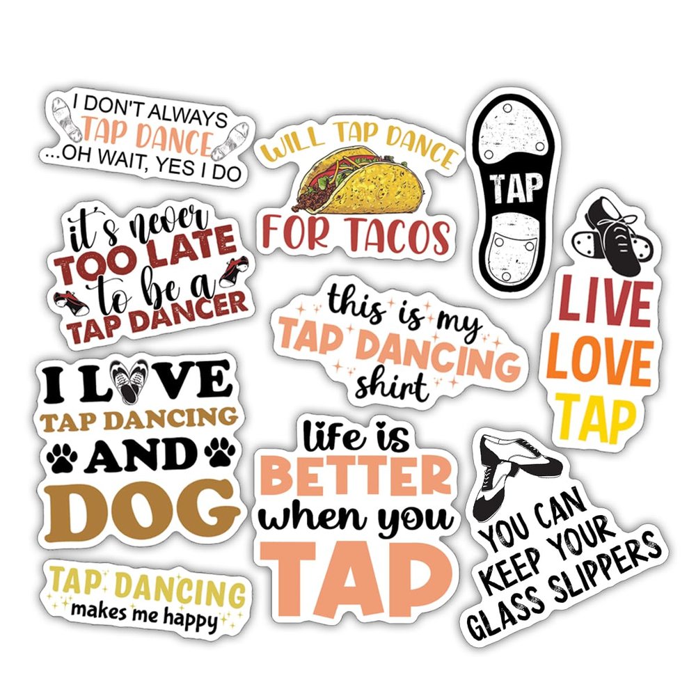 10pcs Tap Dance Sticker Sheet, Cute and Cool Vinyl Decals for Dancers Life, and Dance Teachers, Waterproof, UV-Resistant, for Laptop, Water Bottle, Notebook, Journal, Mirror, Phone Case