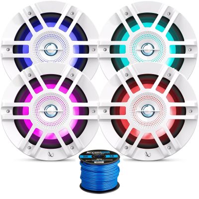 4X 6.5 300 Watt Peak Power Premium 2-Way Coaxial White Marine RGB LED Speakers, 50 Feet 16 Gauge Speaker Wire
