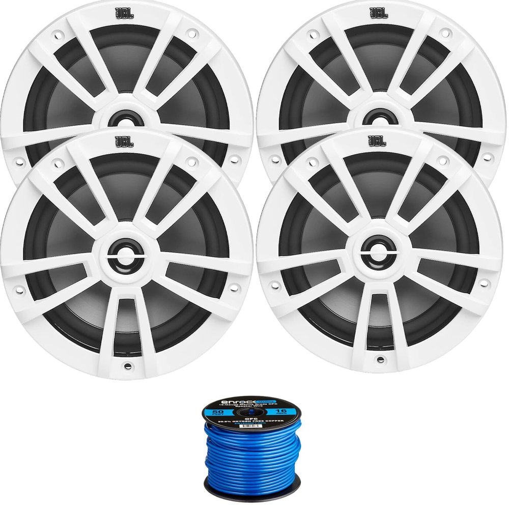 4X 6.5 180 Watts Peak Power 2-Way Multi-Element Marine White Speakers, 50 Feet 16 Gauge Speaker Wire
