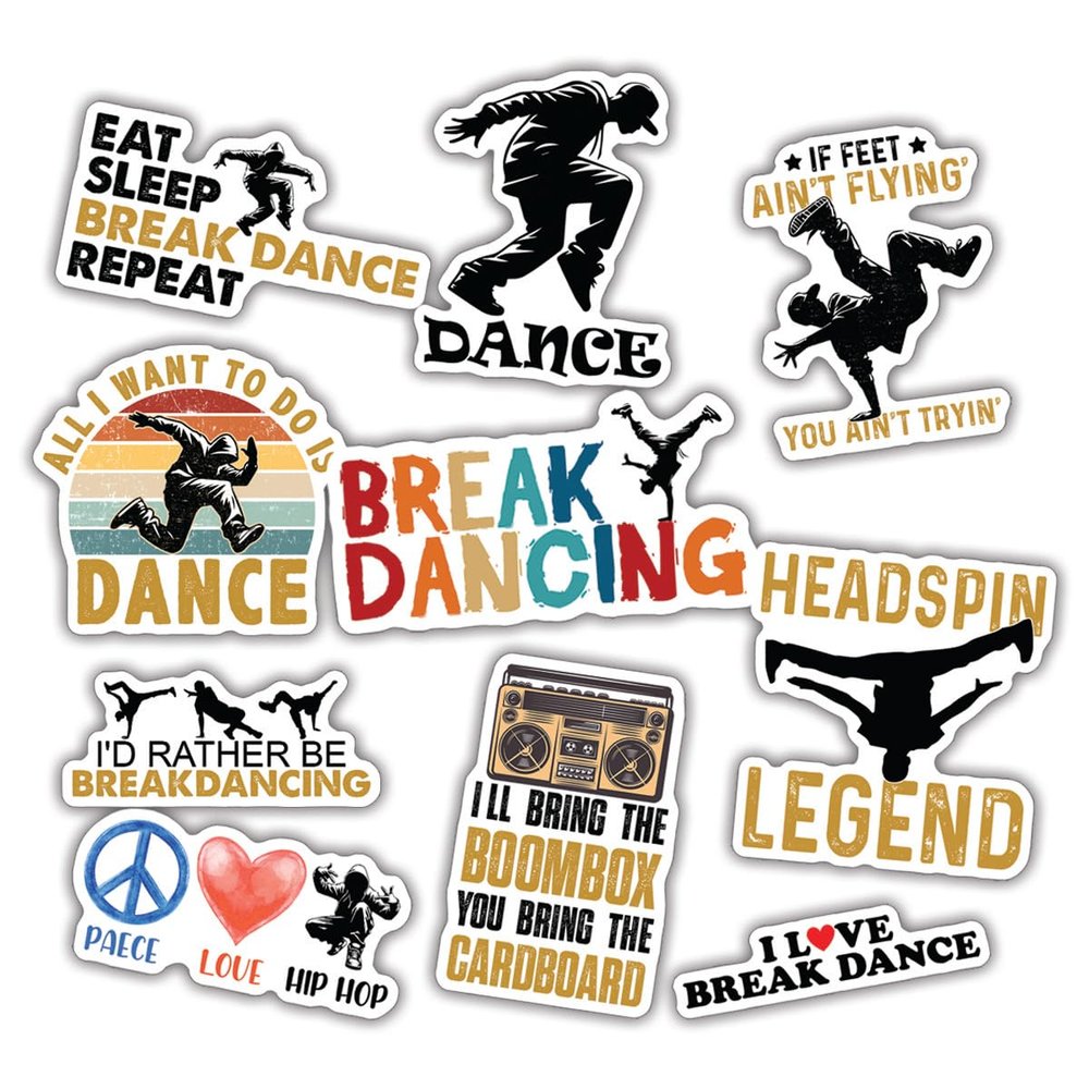 10pcs Breakdancing Sticker Sheet, Cute Funny Vinyl Decals for Dancers, Hip-Hop Fans, and Street Culture Lovers, Waterproof, UV-Resistant, for Laptop, Water Bottle, Journal, Notebook, Phone Case