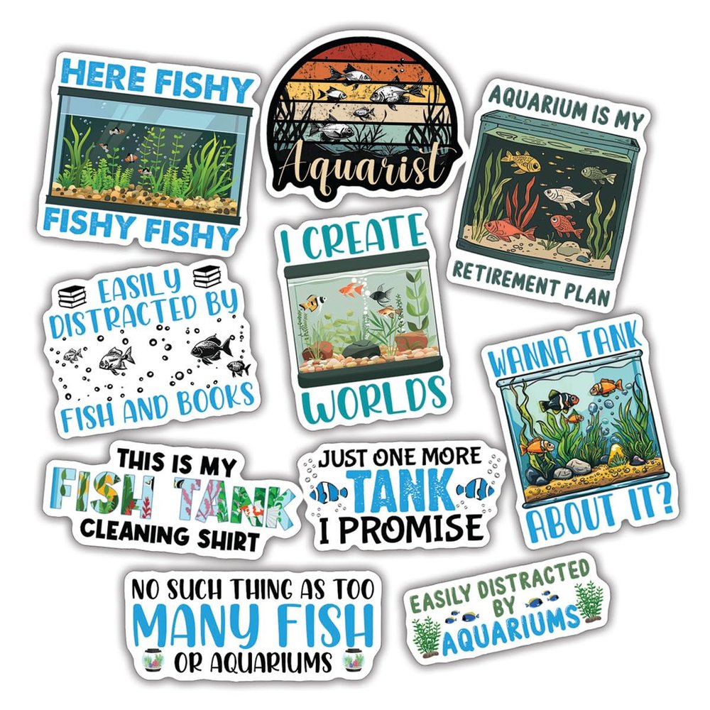 10pcs Fishkeeping Sticker Sheet, Cute Vinyl Decals for Aquarium Lovers, Fish Tank Owners, and Aquatic Hobbyists, Waterproof, UV-Resistant, for Laptop, Water Bottle, Journal, Phone Case