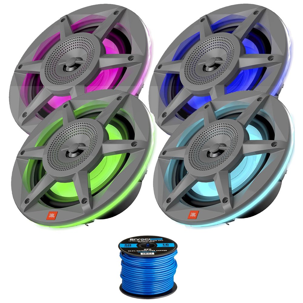 4x 6.5" 300 Watt Max Power 2-Way RGB LED Gray Audio Speakers, 50 Feet 16 Gauge Speaker Wire