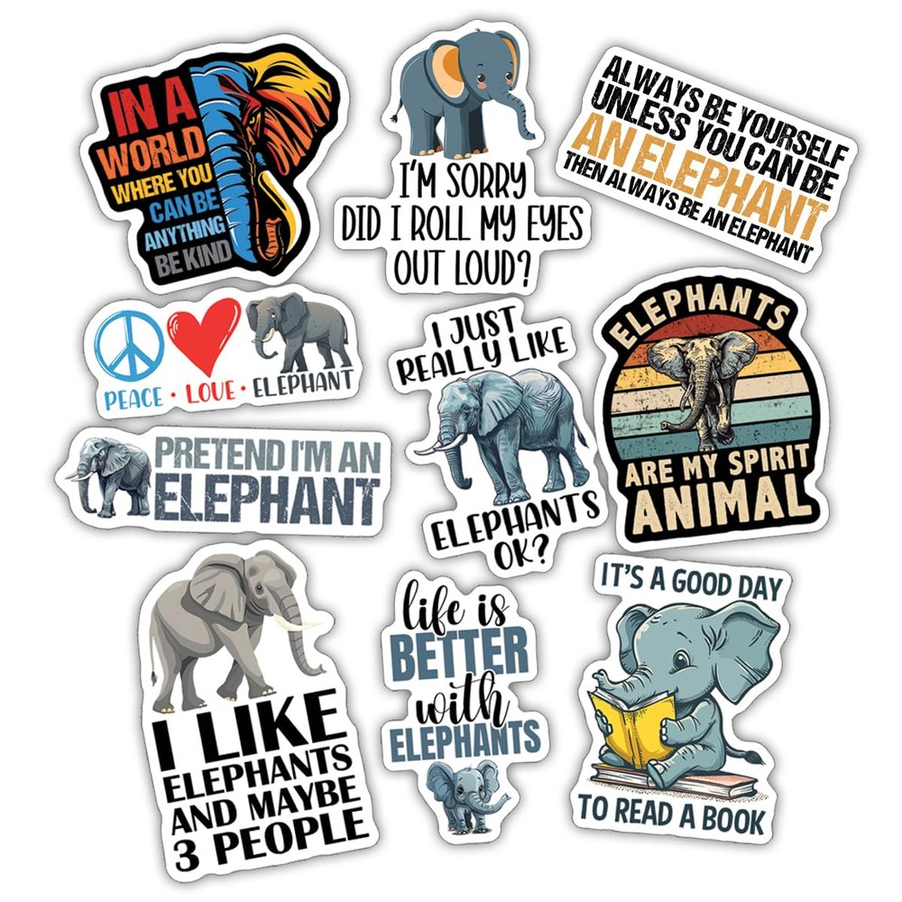 10pcs Elephant Lover Sticker Sheet, Cute Vinyl Decals for Animal Lovers, Wildlife Fans, and Nature Enthusiasts, Waterproof, UV-Resistant, for Laptop, Water Bottle, Journal, Notebook, Phone Case
