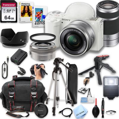 Sony ZV-E10 (White) Mirrorless Camera with16-50mm & 55-210mm Zoom Lenses + 64GB Memory, Filters,Case, Tripod, Flash, and More (28pc Bundle) (Renewed)