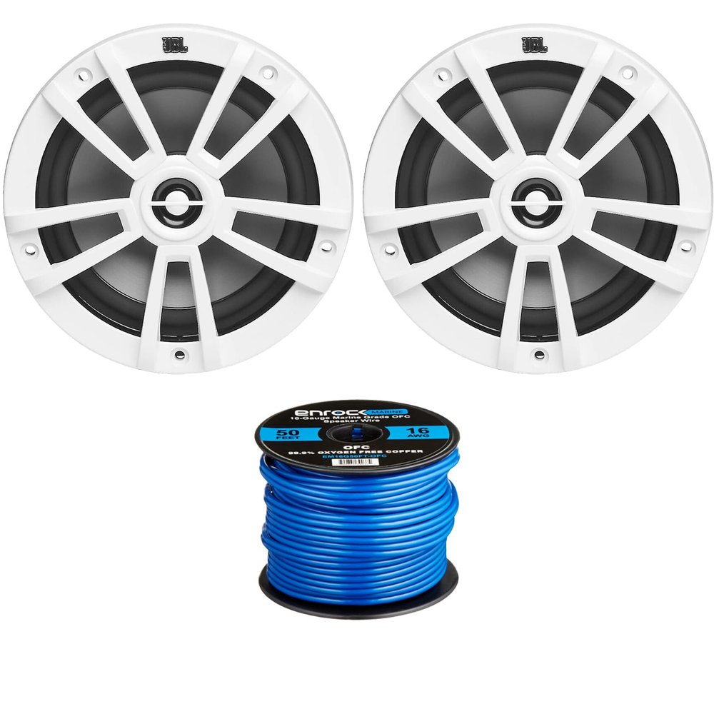 2X 6.5 180 Watts Peak Power 2-Way Multi-Element Marine White Speakers, 50 Feet 16 Gauge Speaker Wire