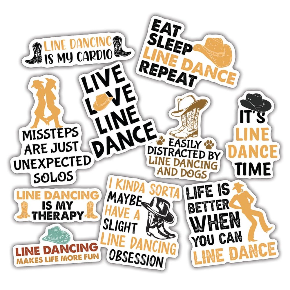 10pcs Line Dancing Sticker Sheet, Funny and Cute Vinyl Decals for Dancers, Country Music Fans, and Western Lovers, Waterproof, UV-Resistant, for Laptop, Water Bottle, Journal, Notebook, Phone Case