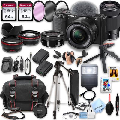 Sony ZV-E10 Mirrorless Camera with16-50mm & 55-210mm Zoom Lenses + 128GB Memory, Spare Battery, Filters,Case, Tripod, Flash, and More (39pc Bundle) (Renewed)