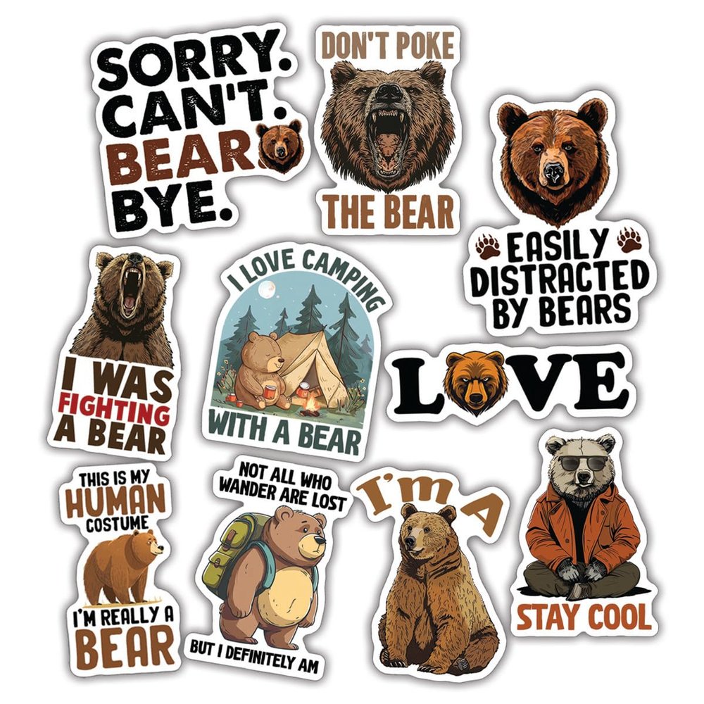 10pcs Bear Lover Sticker Sheet, Cute Vinyl Decals for Nature Fans, Animal Lovers, and Wildlife Enthusiasts, Waterproof, UV-Resistant, for Laptop, Water Bottle, Journal, Notebook, Phone Case