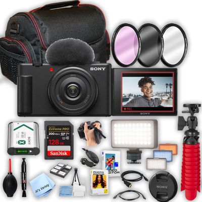Sony ZV-1F Vlogging Camera + 128GB Extreme Pro Memory,LED Video Light, Filters, Case, Tripod, Software - Video Accesory Bundle, Black (Renewed)
