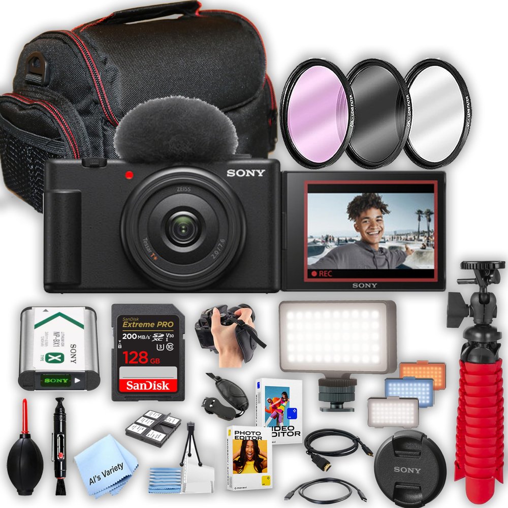 Sony ZV-1F Vlogging Camera + 128GB Extreme Pro Memory,LED Video Light, Filters, Case, Tripod, Software - Video Accesory Bundle, Black (Renewed)