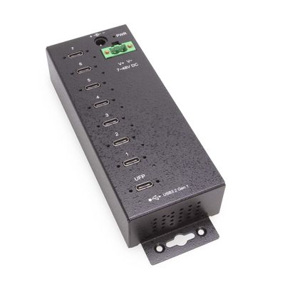 Coolgear 7-Port USB-C 3.2 Hub with 5Gbps Data, Surge Protection, Screw-Lock Ports, Wide Power Input for Industrial Use
