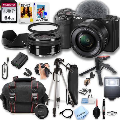 Sony ZV-E10 Mirrorless Camera with 16-50mm Lens + 64GB Memory, Filters,Case, Tripod, Flash, and More (28pc Bundle) (Renewed)