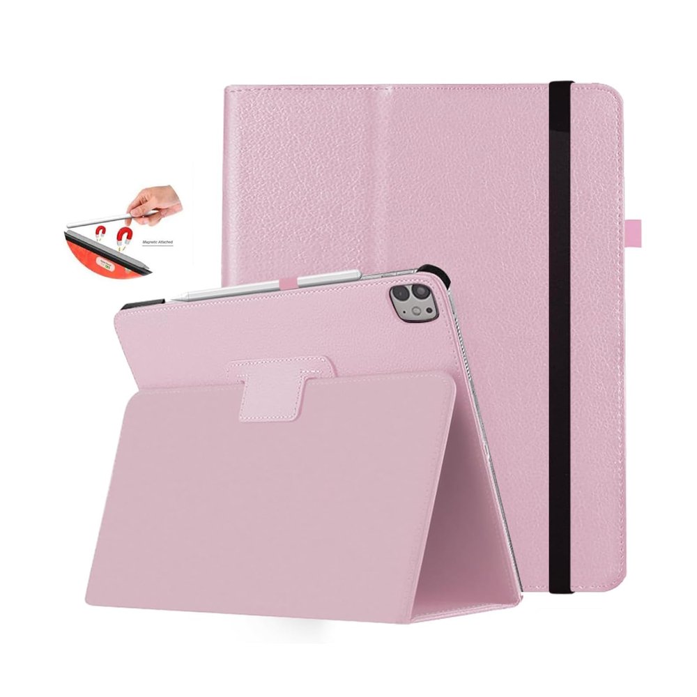 CASZONE Case for iPad Pro 11 inch 2024 M4(5th Generation) with Pencil Holder & Right Magnetic Attachment Pencil Charging,PU Leather Bifold Stand Tablet Cover with Auto Sleep/Wake,Pink
