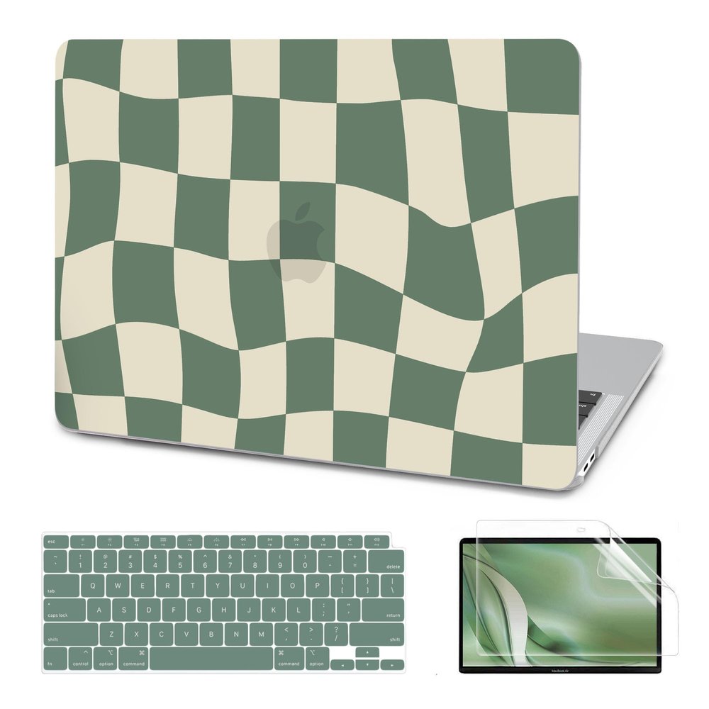 AKIT Compatible with MacBook Air 13 Inch Case M1 2022 2021 2020 2019 2018 A2337 A2179 A1932, Pattern Hard Laptop Shell+Screen Protector+Keyboard Cover for MacBook Air 13.3 Inch, Green Checkerboard