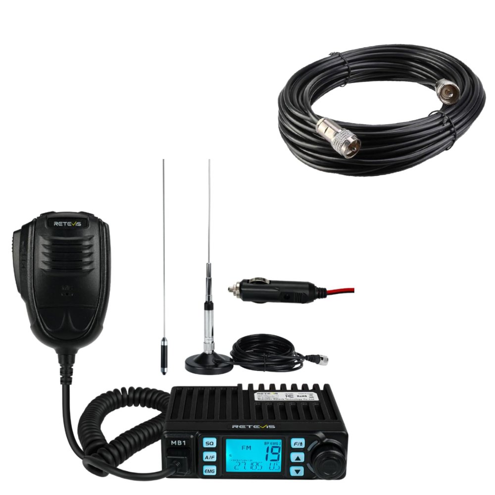 Retevis CB Radio Kit - Includes MB1 Mobile Radio, 45 Inch High Gain Antenna, Coax Cable, AM/FM Base Station, Noise Reduction, CTCSS, Handheld for Truckers