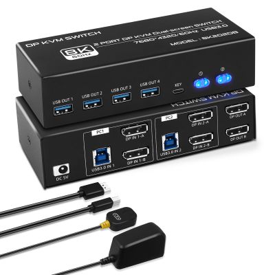 8K DP KVM Switch 2 PC 2 Monitor, Dual Monitor KVM with 4 DP and 2 USB Cables, 4K@120Hz 8K@60Hz Displayport 1.4 and USB 3.0