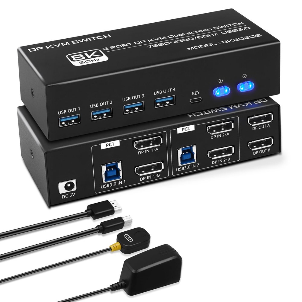 8K DP KVM Switch 2 PC 2 Monitor, Dual Monitor KVM with 4 DP and 2 USB Cables, 4K@120Hz 8K@60Hz Displayport 1.4 and USB 3.0