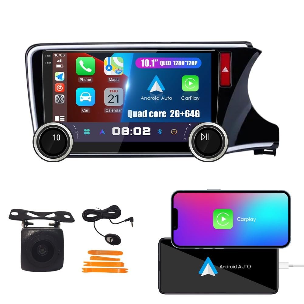 Physical Display Knobs CarPlay/Android Auto Autoradio FM Radio Car Navigation Stereo Pad Player GPS 10.1" QLED Touch Screen BT WiFi 2 Din Headunit Tablet for Honda City 2014-2018 RHD Quad Core 2G+64G