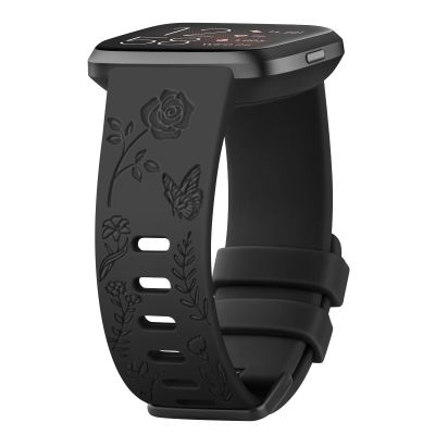 AK Floral Engraved Band Compatible with Fitbit Versa Bands, Soft Sport Replacement Wristbands for Fitbit Versa 2 Smart Watch Women Men (Black)