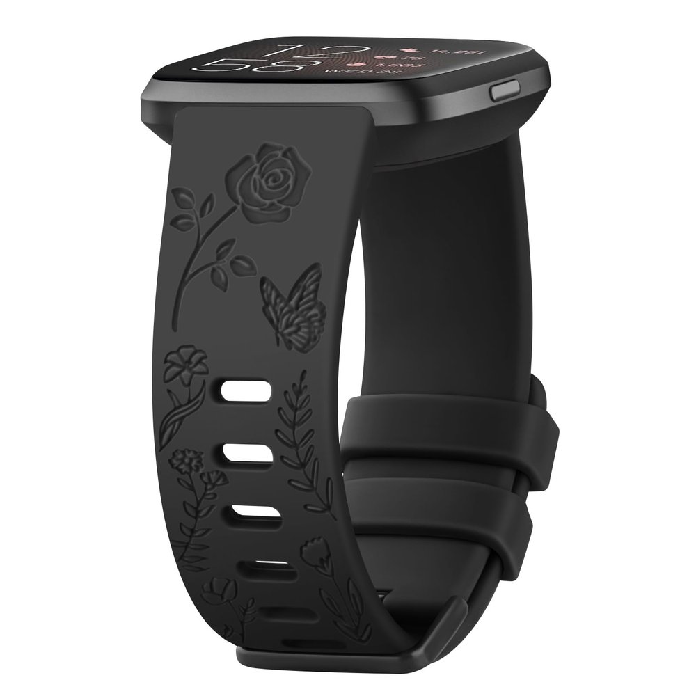 AK Floral Engraved Band Compatible with Fitbit Versa Bands, Soft Sport Replacement Wristbands for Fitbit Versa 2 Smart Watch Women Men (Black)