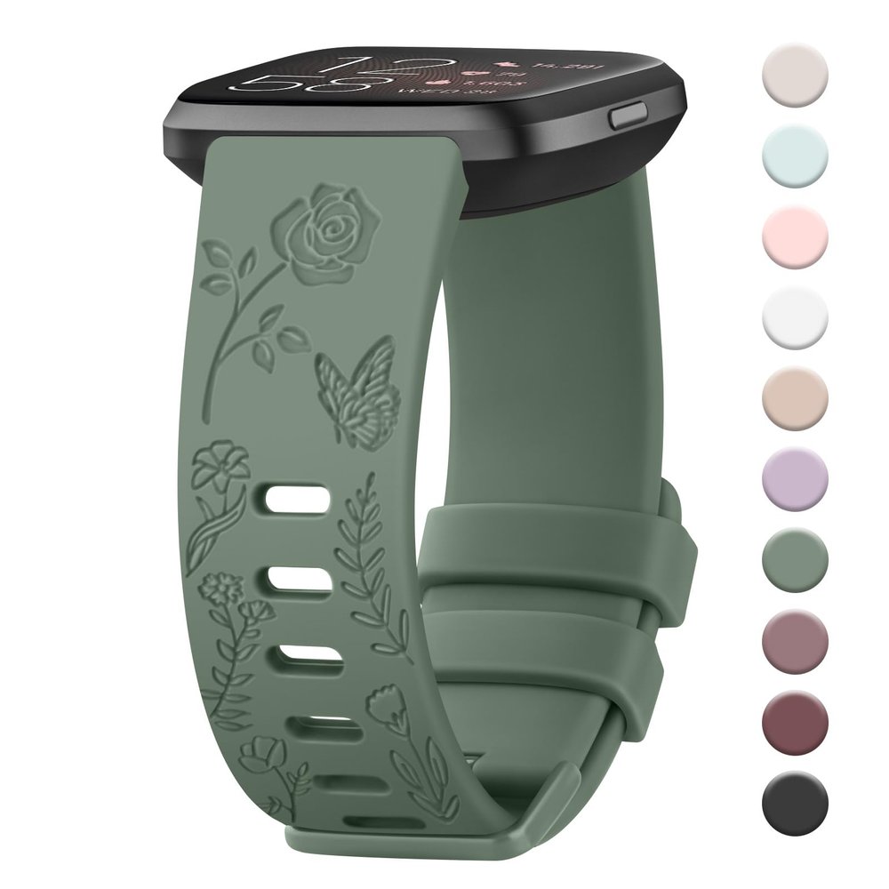 AK Floral Engraved Band Compatible with Fitbit Versa Bands, Soft Sport Replacement Wristbands for Fitbit Versa 2 Smart Watch Women Men (Avocado Green)