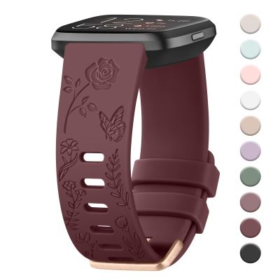 AK Floral Engraved Band Compatible with Fitbit Versa 2 Bands, Soft Sport Replacement Wristbands for Fitbit Smart Watch Women Men (Wine Red)
