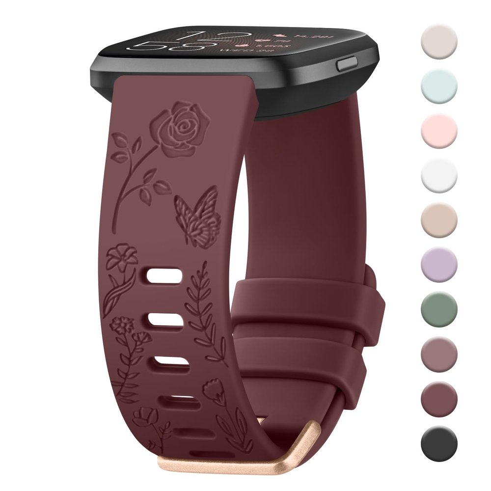 AK Floral Engraved Band Compatible with Fitbit Versa 2 Bands, Soft Sport Replacement Wristbands for Fitbit Smart Watch Women Men (Wine Red)