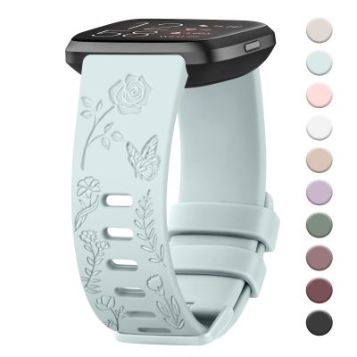 AK Floral Engraved Band Compatible with Fitbit Versa Bands, Soft Sport Replacement Wristbands for Fitbit Versa 2 Smart Watch Women Men (Light Cyan)