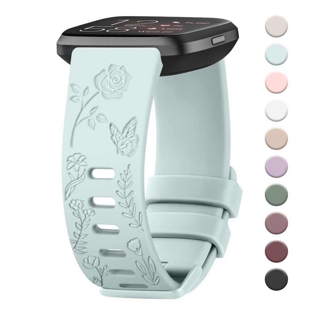 AK Floral Engraved Band Compatible with Fitbit Versa Bands, Soft Sport Replacement Wristbands for Fitbit Versa 2 Smart Watch Women Men (Light Cyan)