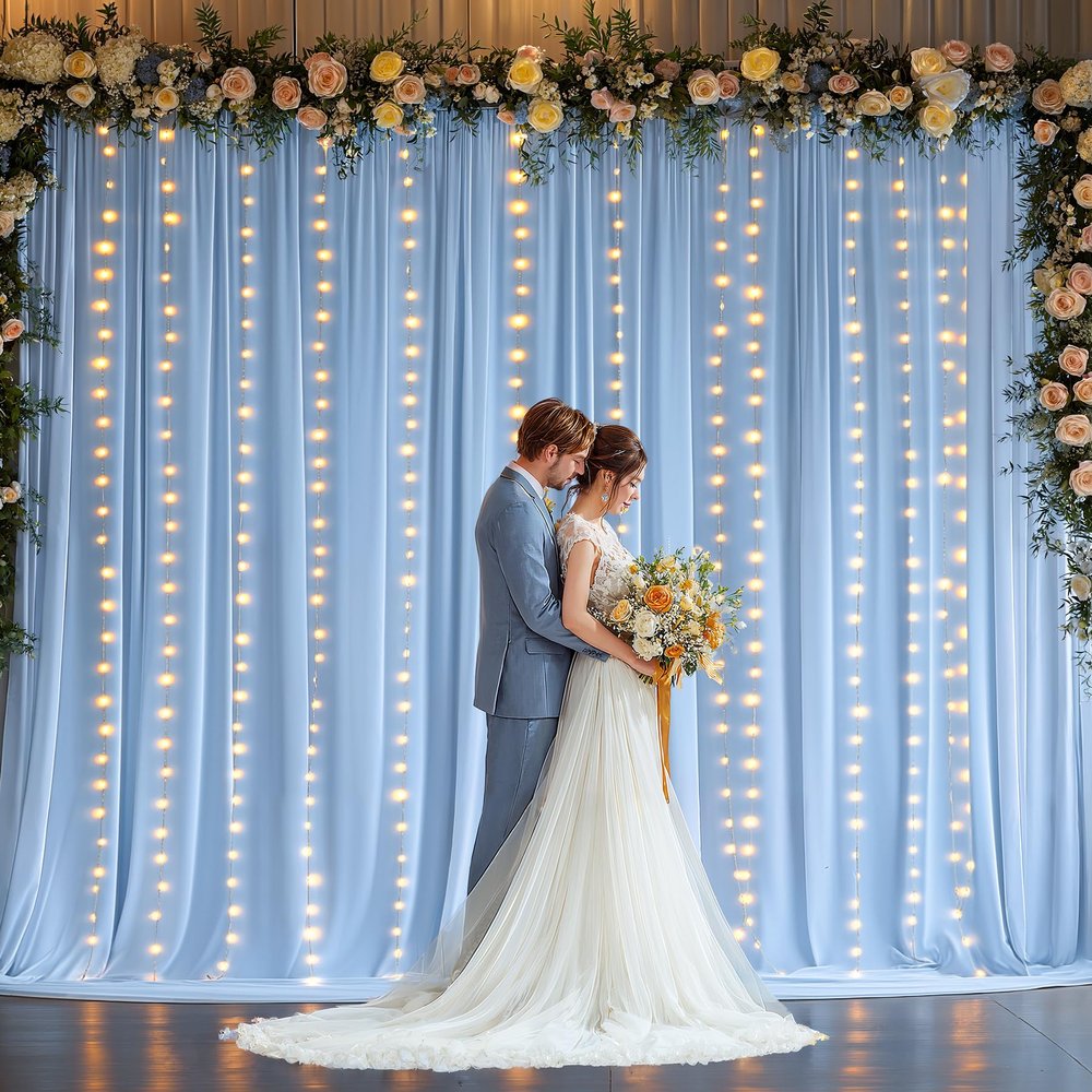 10 x 10 ft Baby Blue Backdrop Curtains with Lights String for Wedding Polyester Photo Background Drapes Wrinkle Free Soft Curtains for Birthday Parties Reception Baby Shower Ceremony-5 x 10ft x 2P