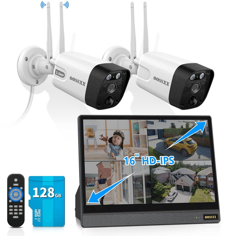 OOSSXX (16 IPS UHD Monitor) 2-Way Audio 2-Antennas Enchance WiFi Wireless 5MP PIR Outdoor Camera Wireless Home Security Cameras System with Monitor Indoor Video Surveillance DVR Kit