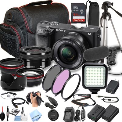 Sony a6400 Mirrorless Camera with 16-50mm Lens + 64GB Memory, Spare Battery, Filters,Case, Tripod, Video Light, Microphone and More (Content Creator Bundle)