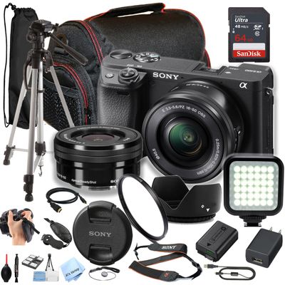 Sony a6400 Mirrorless Camera with 16-50mm Lens + 64GB Memory, Filter,Case, Tripod, Video Light, and More (Content Creator Bundle) (Renewed)