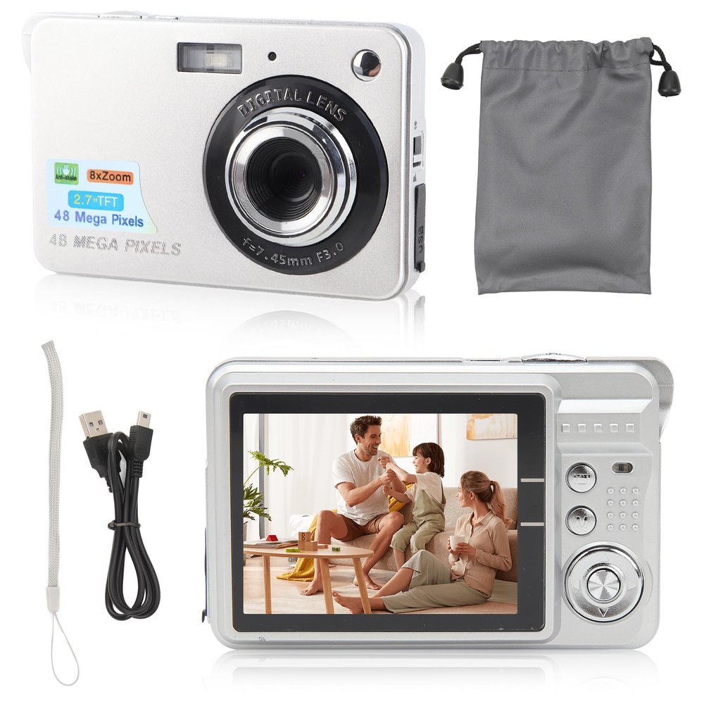 4K Digital Camera, 48MP HD 8X Zoom Autofocus Anti Shake Vlogging Camera with 2.7 Inch TFT Screen, Compact Camera for Travel Photography Vlogging Silver