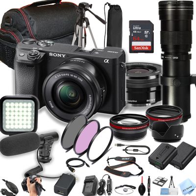 Sony a6400 Mirrorless Camera with 16-50mm Lens + 420-800mm Super Telephoto Lens + 64GB Memory, Spare Battery, Filters,Case, Tripod, Video Light, Microphone and More (Content Creator Bundle) (Renewed)
