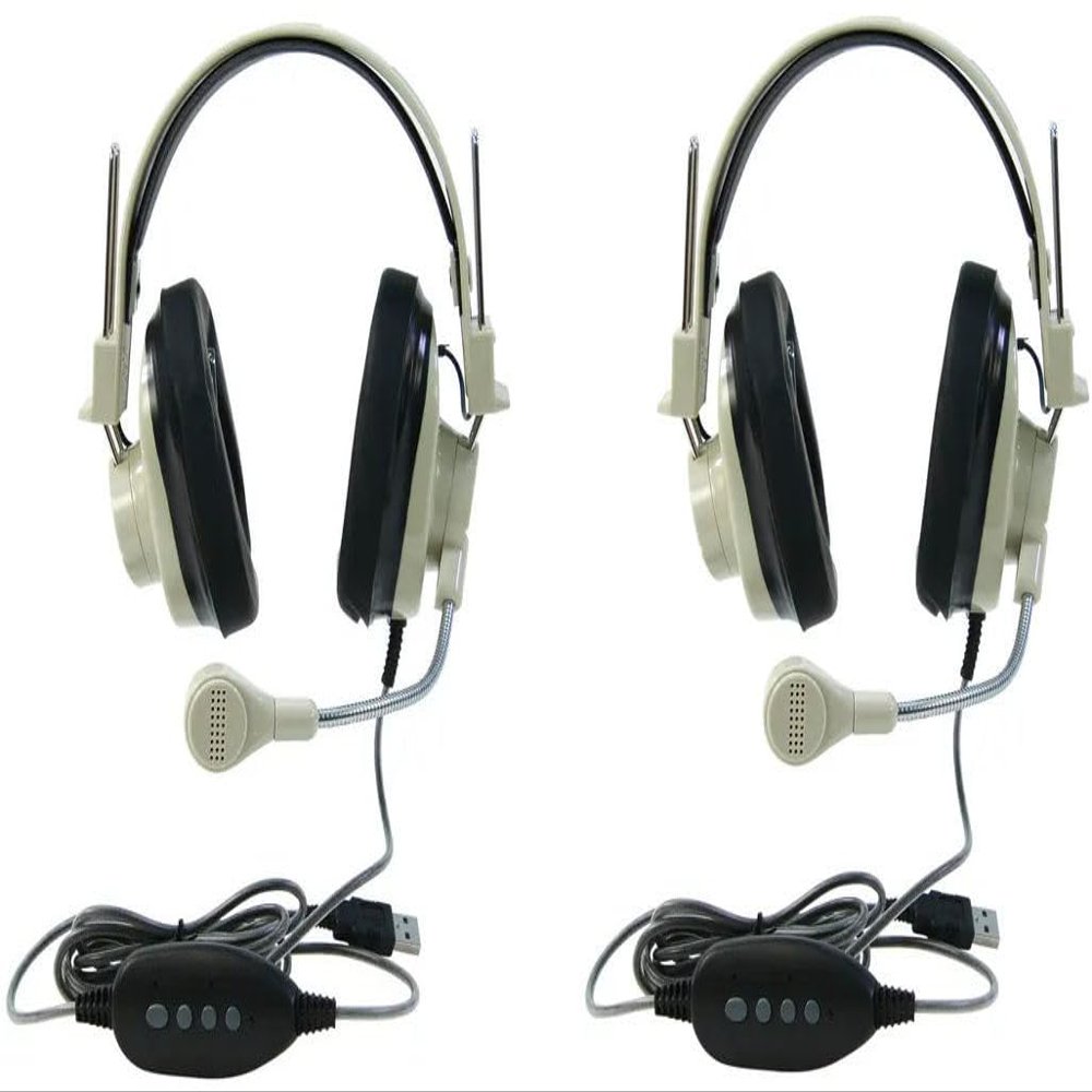 3066-USB CT Pack of 2 Deluxe Over-Ear Stereo Headset, Beige; Gooseneck Microphone; USB Plug; 6-foot Long 2-layered Cut-and-chew-resistant Cord; Adjustable Headband; Noise-reducing Ear-cups