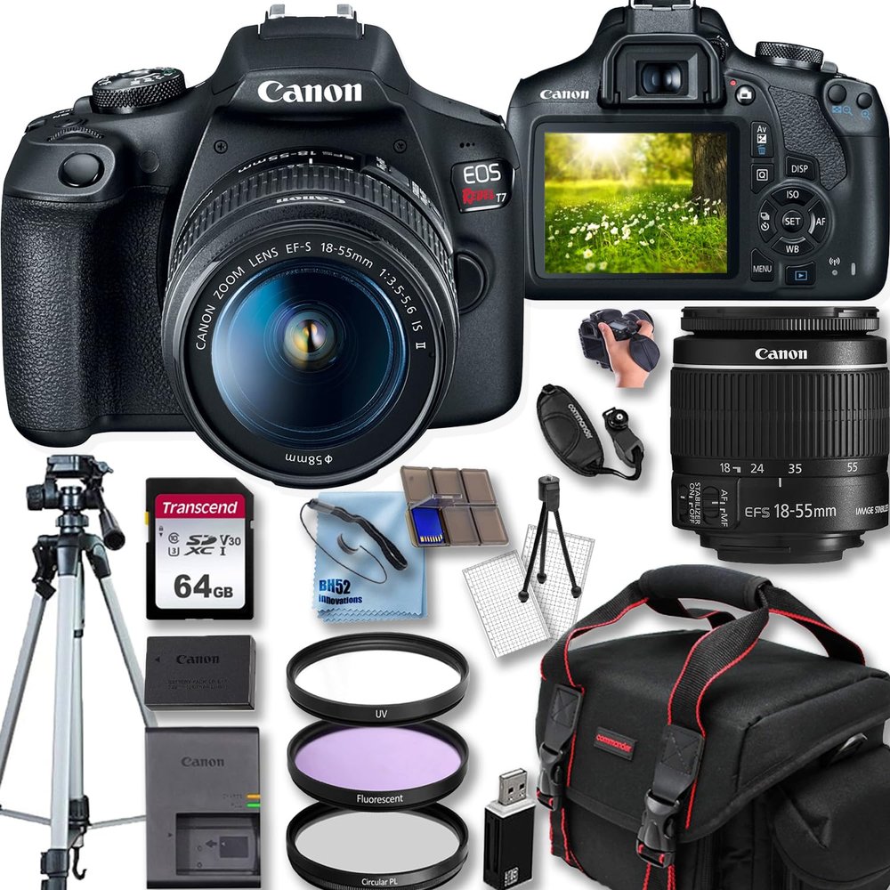 Canon EOS Rebel T7 DSLR Camera with EF-S 18-55MM F/3.5-5.6 is II Lens + 50'' Tripod + Camera Shoulder Bag + Deluxe Accessory Bundle, Black (Renewed)