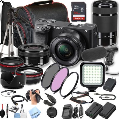 Sony a6400 Mirrorless Camera with 16-50mm + 55-210mm Lenses + 64GB Memory, Spare Battery, Filters,Case, Tripod, Video Light, Microphone and More (Content Creator Bundle) (Renewed)