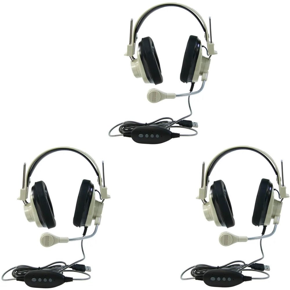3066-USB CT Pack of 3 Deluxe Over-Ear Stereo Headset, Beige; Gooseneck Microphone; USB Plug; 6-Foot Long 2-Layered Cut-and-chew-Resistant Cord; Adjustable Headband; Noise-reducing Ear-Cups