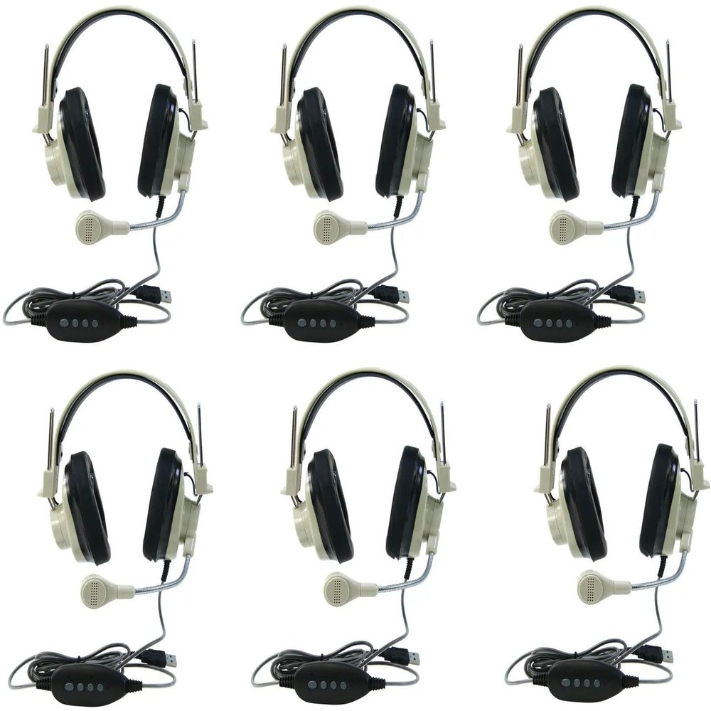 3066-USB CT Pack of 6 Deluxe Over-Ear Stereo Headset, Beige; Gooseneck Microphone; USB Plug; 6-Foot Long 2-Layered Cut-and-chew-Resistant Cord; Adjustable Headband; Noise-reducing Ear-Cups