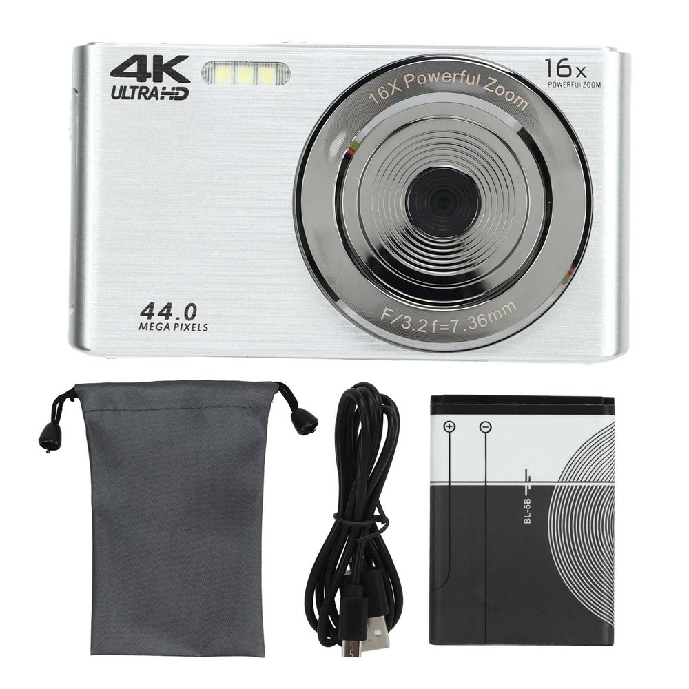 16X Digital Zoom Camera, High Resolution, Built in Fill Light, Easy to Use for Kids Students Seniors, 4K 44MP Compact Portable Camera, (Silver)