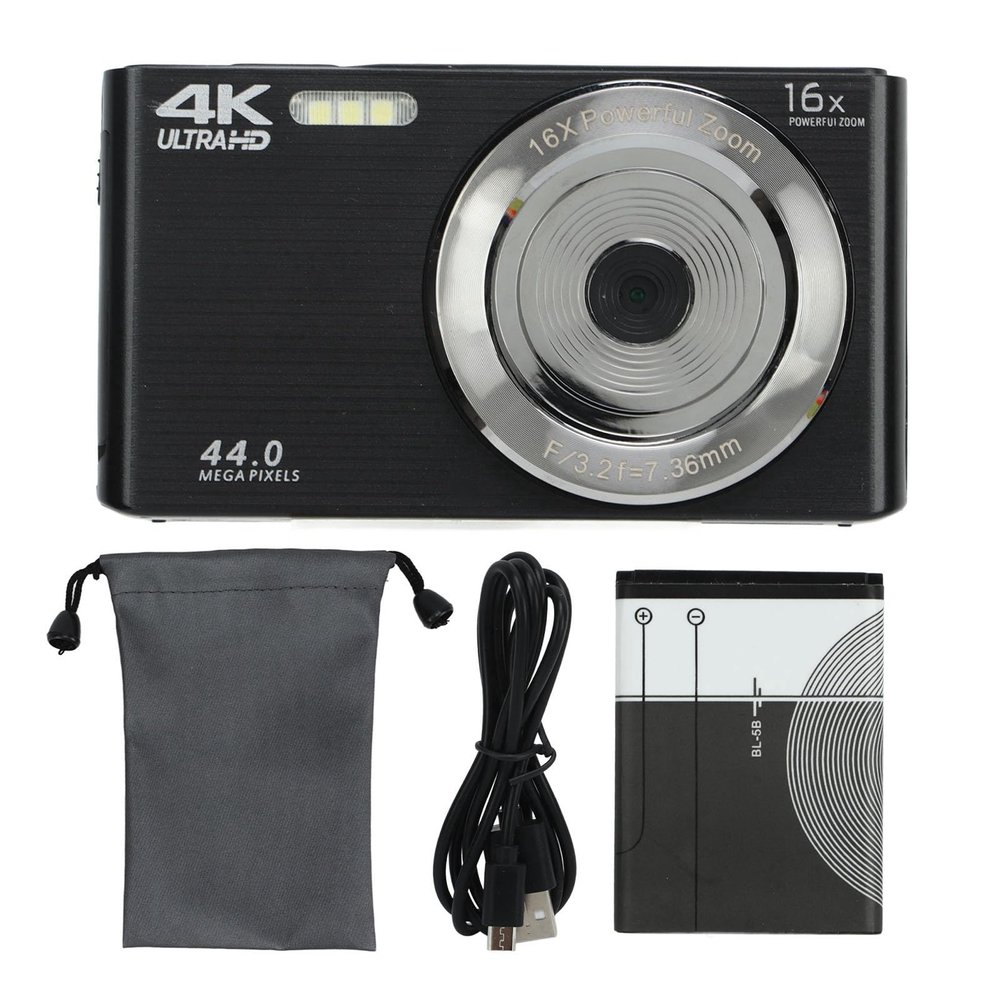 16X Digital Zoom Camera, High Resolution, Built in Fill Light, Easy to Use for Kids Students Seniors, 4K 44MP Compact Portable Camera, (Black)